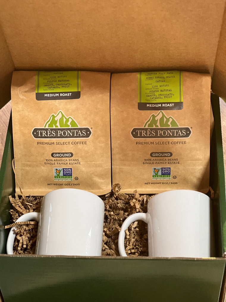 2-Pack Whole Bean Medium Roast Premium Coffee Gift Box With 2 white coffee mugs